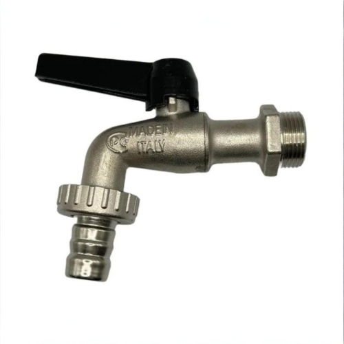 Кран шаровый латунный угловой стандартнопроходной с ручкой-рычагом НР-штуцер Ру 16 Bugatti 689 Bugatti 14 мм 3/4" в Красноярске