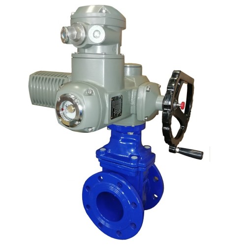 Задвижка чугунная фланцевая с электроприводом AUMA SA14.2 380В и обрезиненным клином KR12 200 мм в Красноярске